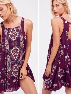 Free People Intimately Maroon Boho Floral Swing Chemise Slip Dress